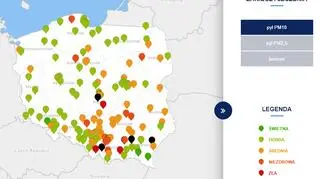 Stężenie pyłu PM10 o godzinie 18 (tvnmeteo.pl za GIOŚ)