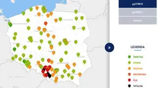 Stężenie pyłu PM10 o godzinie 19.30 (GIOŚ)
