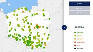 Stężenie pyłu PM10 o godzinie 19 (tvnmeteo.pl za GIOŚ)