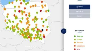Stężenie pyłu PM10 o godzinie 19 (tvnmeteo.pl za GIOŚ)