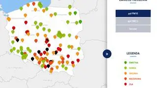 Stężenie pyłu PM10 o godzinie 19 (tvnmeteo.pl za GIOŚ)