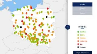 Stężenie pyłu PM10 o godzinie 20.30 (tvnmeteo.pl za GIOŚ)