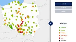 Stężenie pyłu PM10 o godzinie 20 (tvnmeteo.pl za GIOŚ)