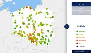 Stężenie pyłu PM10 o godzinie 20 (tvnmeteo.pl za GIOŚ)