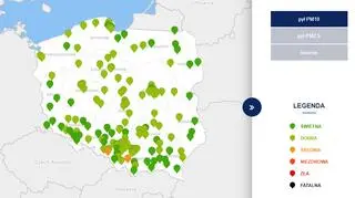Stężenie pyłu PM10 o godzinie 20 (tvnmeteo.pl za GIOŚ)