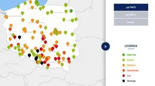 Stężenie pyłu PM10 o godzinie 20 (tvnmeteo.pl za GIOŚ)