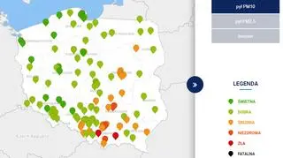Stężenie pyłu PM10 o godzinie 21 (GIOŚ)