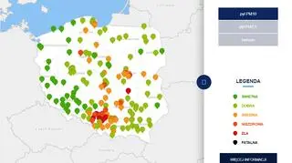 Stężenie pyłu PM10 o godzinie 7.30 (tvnmeteo.pl za GIOŚ)