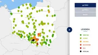 Stężenie pyłu PM10 o godzinie 7 (tvnmeteo.pl za GIOŚ)