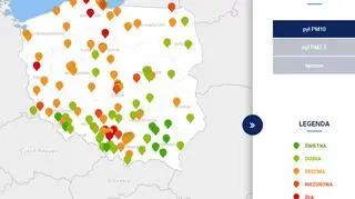 Stężenie pyłu PM10 około godziny 18 (tvnmeteo