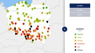 Stężenie pyłu PM10 około godziny 19 (GIOŚ)