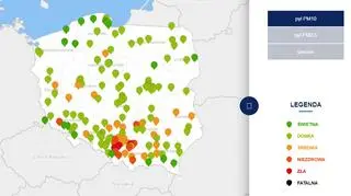 Stężenie pyłu PM10 w czwartek o godzinie 6 (tvnmeteo.pl za GIOŚ)