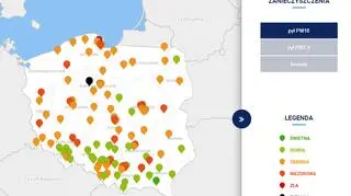 Stężenie pyłu PM10 w Polsce o godzinie 14 (tvnmeteo.pl za GIOŚ)