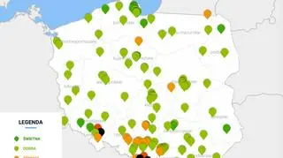 Stężenie pyłu PM10 w Polsce o godzinie 21 (GIOŚ)