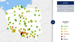 Stężenie pyłu PM10 w Polsce po godzinie 7 (GIOŚ/TVN Meteo)
