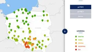 Stężenie pyłu PM10 w Polsce po godzinie 7 (TVN Meteo za GIOŚ)