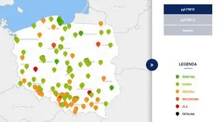 Stężenie pyłu PM10 w Polsce przed godz. 21