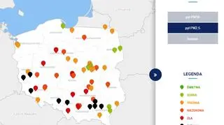 Stężenie pyłu PM2,5 o godzinie 10.00 (tvnmeteo.pl za GIOŚ)