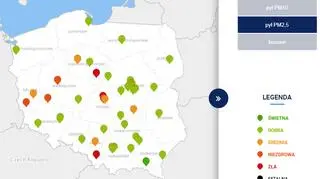 Stężenie pyłu PM2,5 o godzinie 18.40 (GIOŚ)
