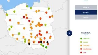 Stężenie pyłu PM2,5 o godzinie 18 (tvnmeteo.pl za GIOŚ)