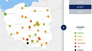 Stężenie pyłu PM2,5 o godzinie 19.30 (GIOŚ)