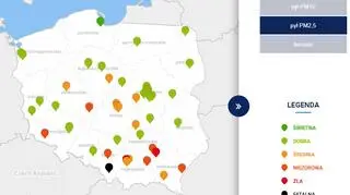 Stężenie pyłu PM2,5 o godzinie 19 (GIOŚ)