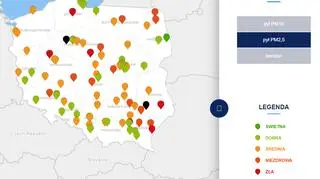 Stężenie pyłu PM2,5 o godzinie 19 (tvnmeteo.pl za GIOŚ)
