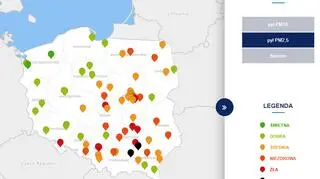 Stężenie pyłu PM2,5 o godzinie 19 (tvnmeteo.pl za GIOŚ)