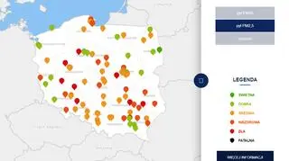Stężenie pyłu PM2,5 o godzinie 20.30 (tvnmeteo.pl za GIOŚ)