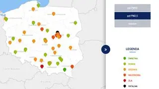 Stężenie pyłu PM2,5 o godzinie 20 (tvnmeteo.pl za GIOŚ)