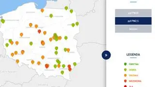 Stężenie pyłu PM2,5 o godzinie 20 (tvnmeteo