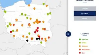 Stężenie pyłu PM2,5 o godzinie 20 (tvnmeteo.pl za GIOŚ)
