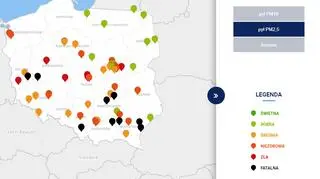 Stężenie pyłu PM2,5 o godzinie 20 (tvnmeteo.pl za GIOŚ)