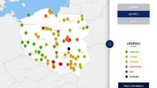 Stężenie pyłu PM2,5 o godzinie 7.30 (tvnmeteo.pl za GIOŚ)