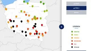 Stężenie pyłu PM2,5 około godziny 19 (GIOŚ)