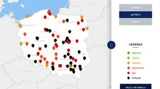 Stężenie pyłu PM2,5 po godzinie 21.30 (tvnmeteo.pl za GIOŚ)
