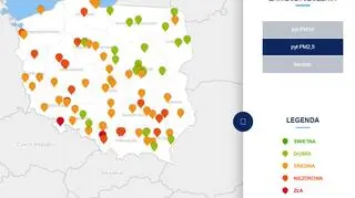 Stężenie pyłu PM2,5 w czwartek o godzinie 9 (tvnmeteo.pl za GIOŚ)	