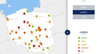 Stężenie pyłu PM2,5 w Polsce o godzinie 14 (tvnmeteo.pl za GIOŚ)