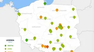 Stężenie pyłu PM2.5 w Polsce o godzinie 21 (GIOŚ)