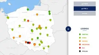 Stężenie pyłu PM2,5 w Polsce po godzinie 7 (GIOŚ/TVN Meteo)