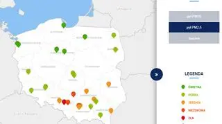 Stężenie pyłu PM2,5 w Polsce po godzinie 7 (TVN Meteo za GIOŚ)