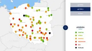Stężenie pyłu PM2,5 w środę o godzinie 20 (tvnmeteo.pl za GIOŚ)