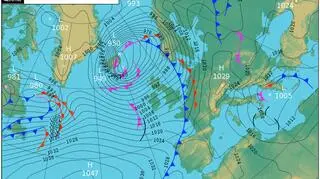 Sytuacja baryczna nad północno-wschodnim Atlantykiem (MetOffice)