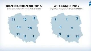 Temperatura maksymalna w Polsce w Boże Narodzenie i na Wielkanoc