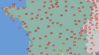 Temperatura powietrza na wysokości dwóch metrów we Francji o godzinie 15.30 (wetteronline.de)