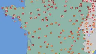 Temperatura powietrza we Francji w Niedzielę Wielkanocną o godzinie 15.30 (wetteronline.de)