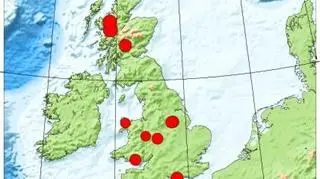 Trzęsienia ziemi w Wlk. Brytanii w ostatnich 50 dniach (British Geological Survey)