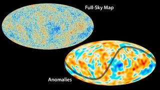 U dołu - mapa promieniowania tła w większej skali. Jedna z anomalii, wskazanych w badaniu, to asymetria w wahaniach temperatur na obu połowach nieba