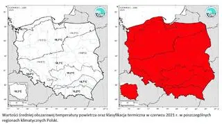 Wartości średniej obszarowej temperatury powietrza oraz klasyfikacja termiczna w czerwcu 2021 r. w poszczególnych regionach klimatycznych Polski (IMGW-PIB)