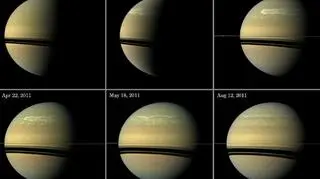 Wizerunki Saturna, na północy widac burzę (NASA/JPL-Caltech/Space Science Institute)